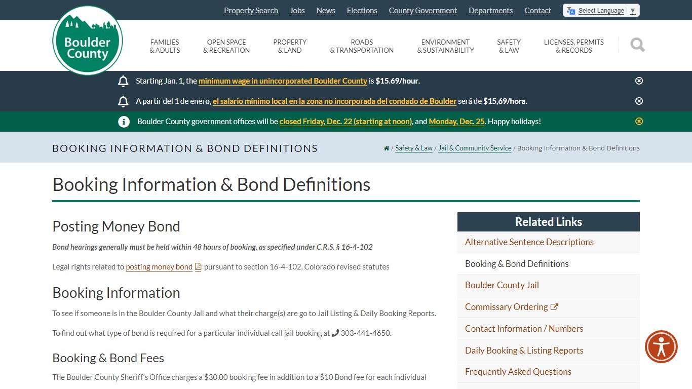 Booking Information & Bond Definitions - Boulder County